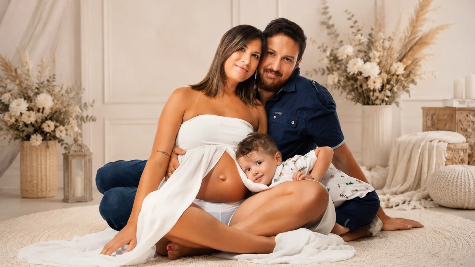 Famiglia in attesa seduta su fondale boho crema con pampas e fiori, copertina della galleria book gravidanza di Giovanni Miele a Milano